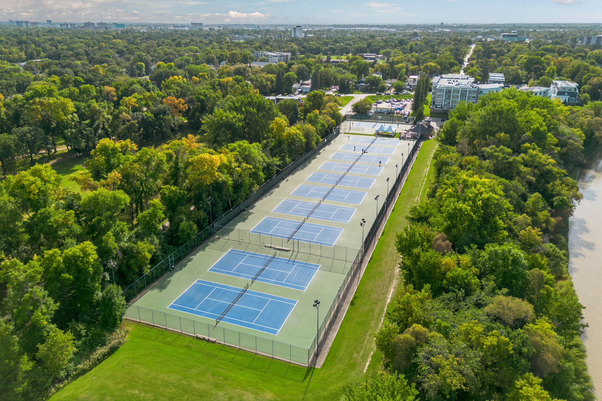Aerial view of the Wildwood tennis club courts beside the Red River