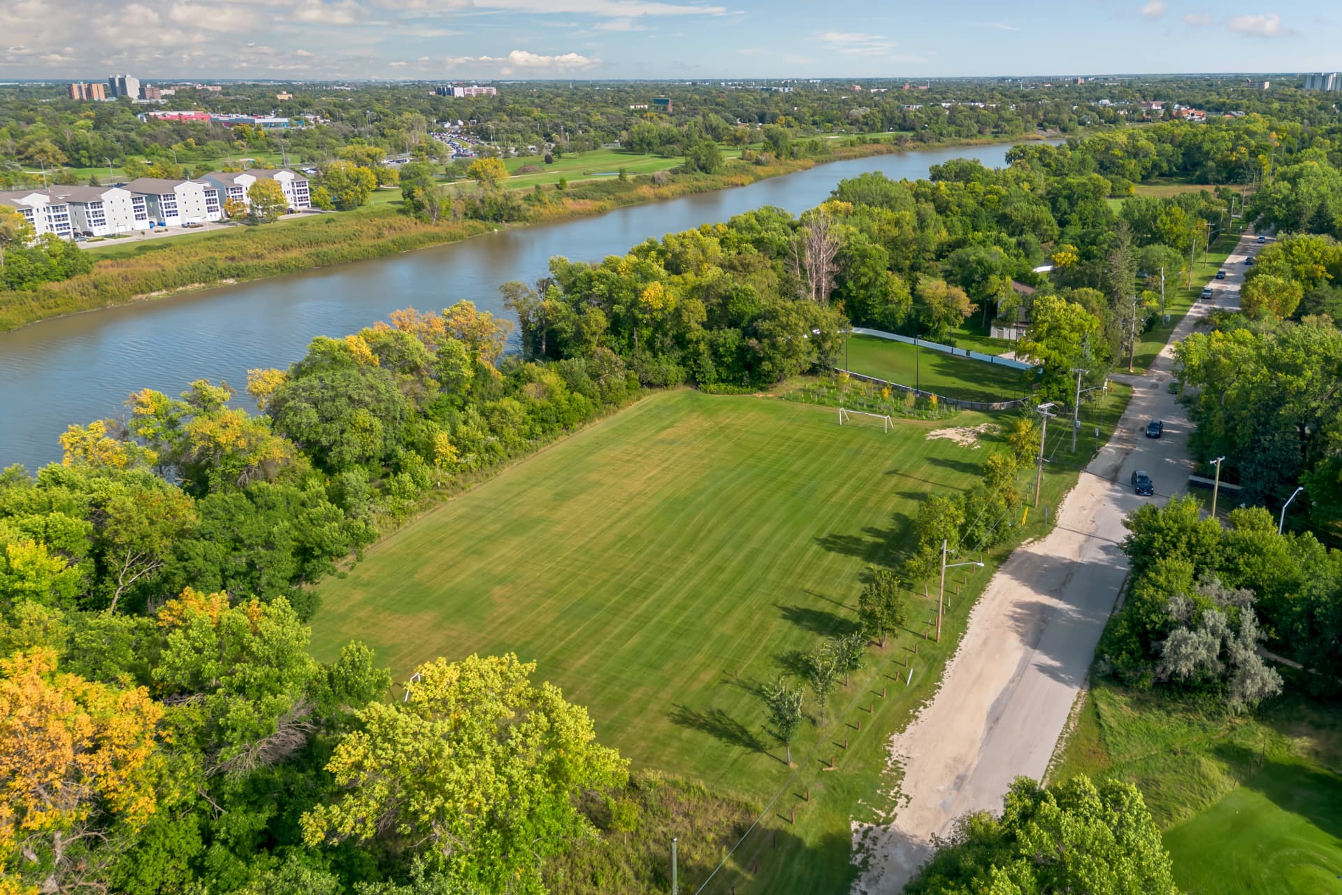 Aerial view of Wildwood Park playing fields beside the river